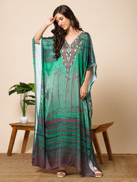 Green Printed Satin Silk Kaftan Maxi Dress