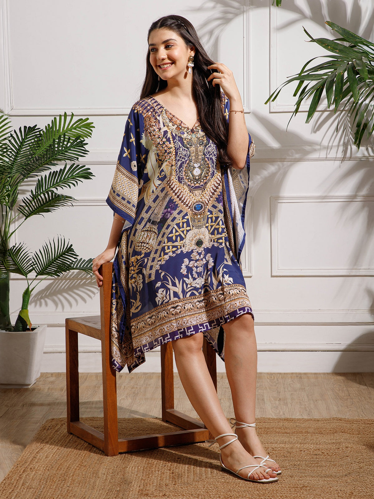Blue Printed Poly Silk Kaftan Dress
