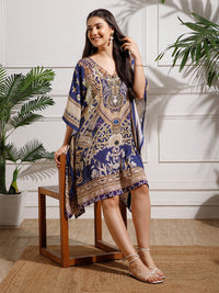 Blue Printed Poly Silk Kaftan Dress