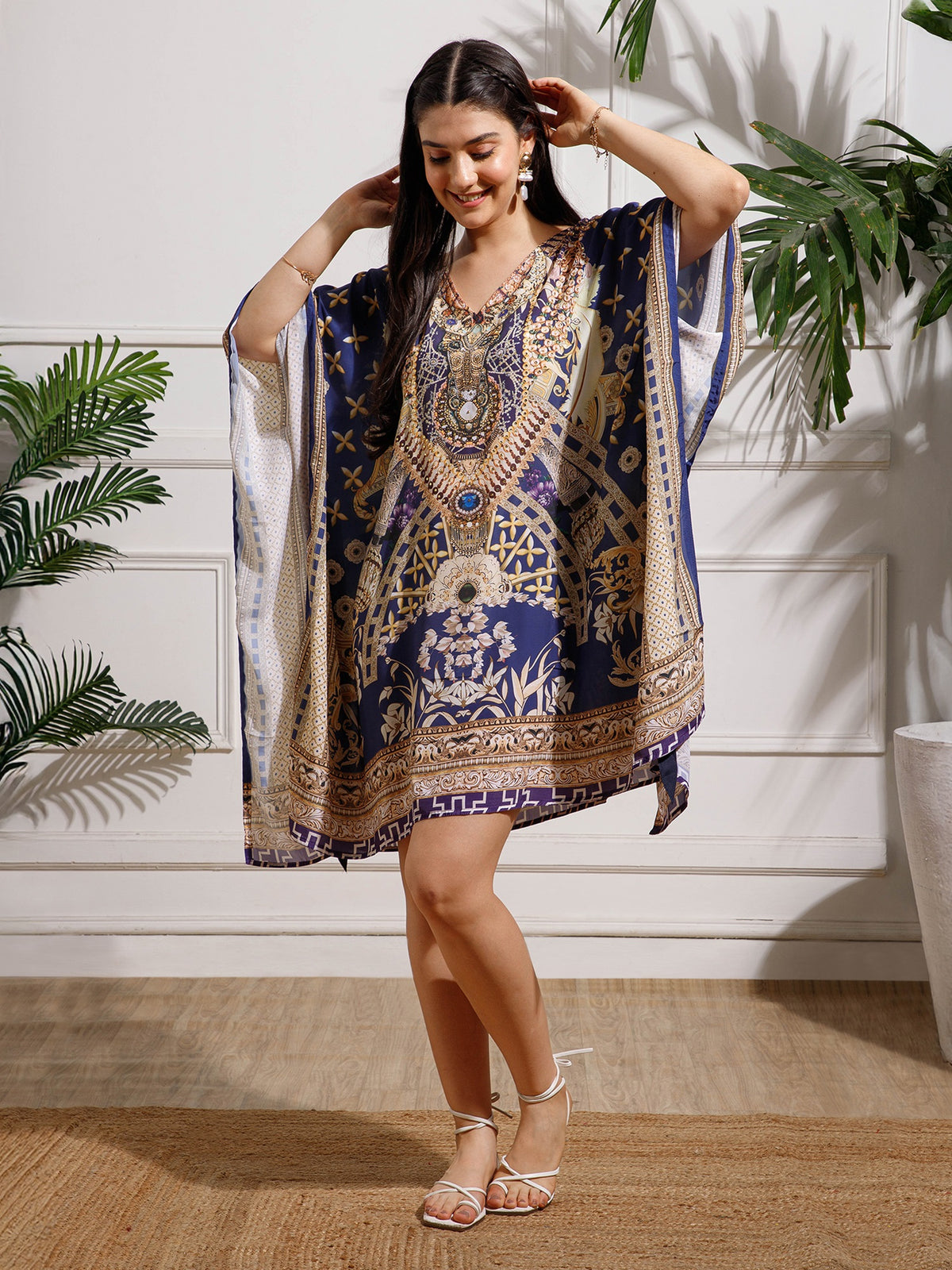 Blue Printed Poly Silk Kaftan Dress