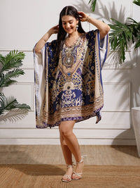 Blue Printed Poly Silk Kaftan Dress