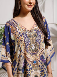 Blue Printed Poly Silk Kaftan Dress