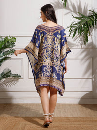 Blue Printed Poly Silk Kaftan Dress
