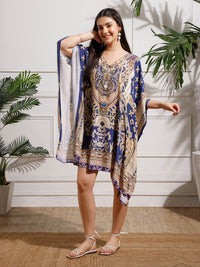 Blue Printed Poly Silk Kaftan Dress