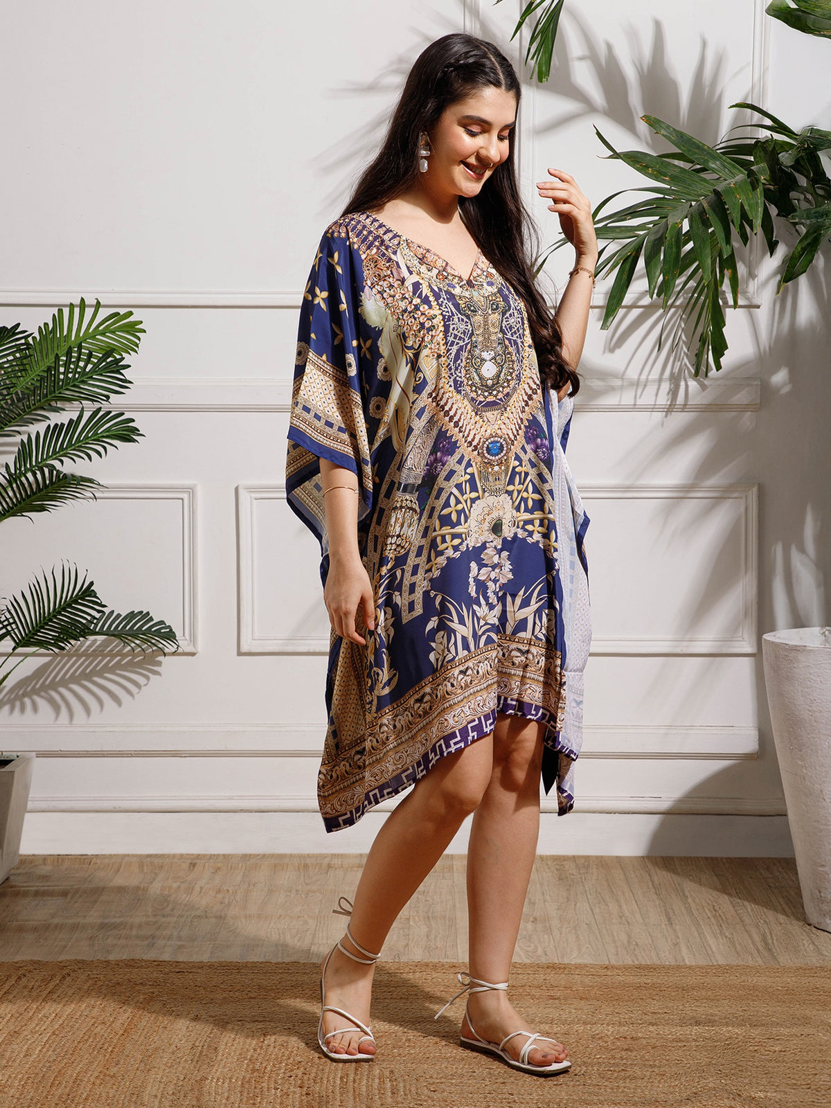 Blue Printed Poly Silk Kaftan Dress