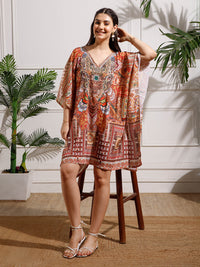 Red Printed Poly Silk Kaftan Dress
