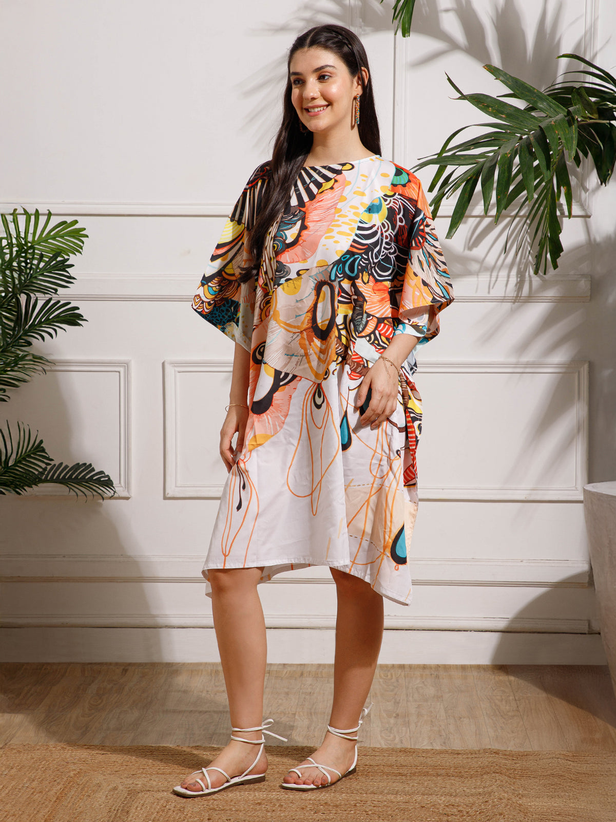 White Printed Georgette Kaftan Dress