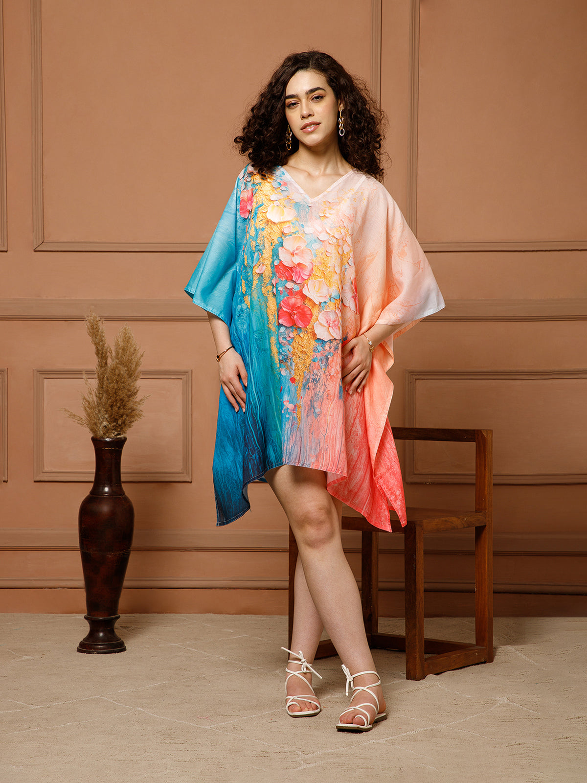Aditi Wasan V-Neck Cotton Turquoise Midi Kaftan Kurti