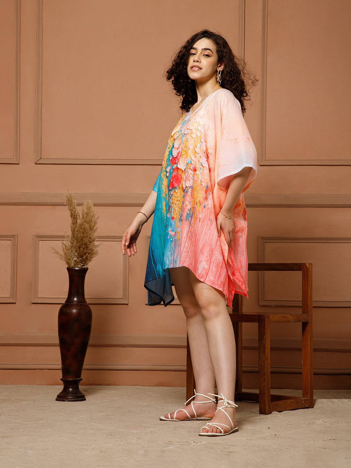 Aditi Wasan V-Neck Cotton Turquoise Midi Kaftan Kurti