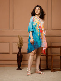 Aditi Wasan V-Neck Cotton Turquoise Midi Kaftan Kurti