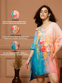 Aditi Wasan V-Neck Cotton Turquoise Midi Kaftan Kurti