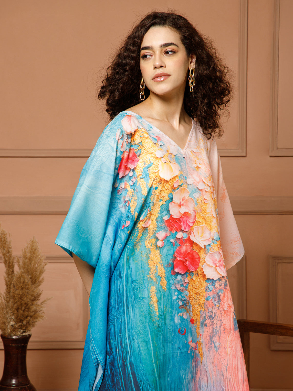 Aditi Wasan V-Neck Cotton Turquoise Midi Kaftan Kurti