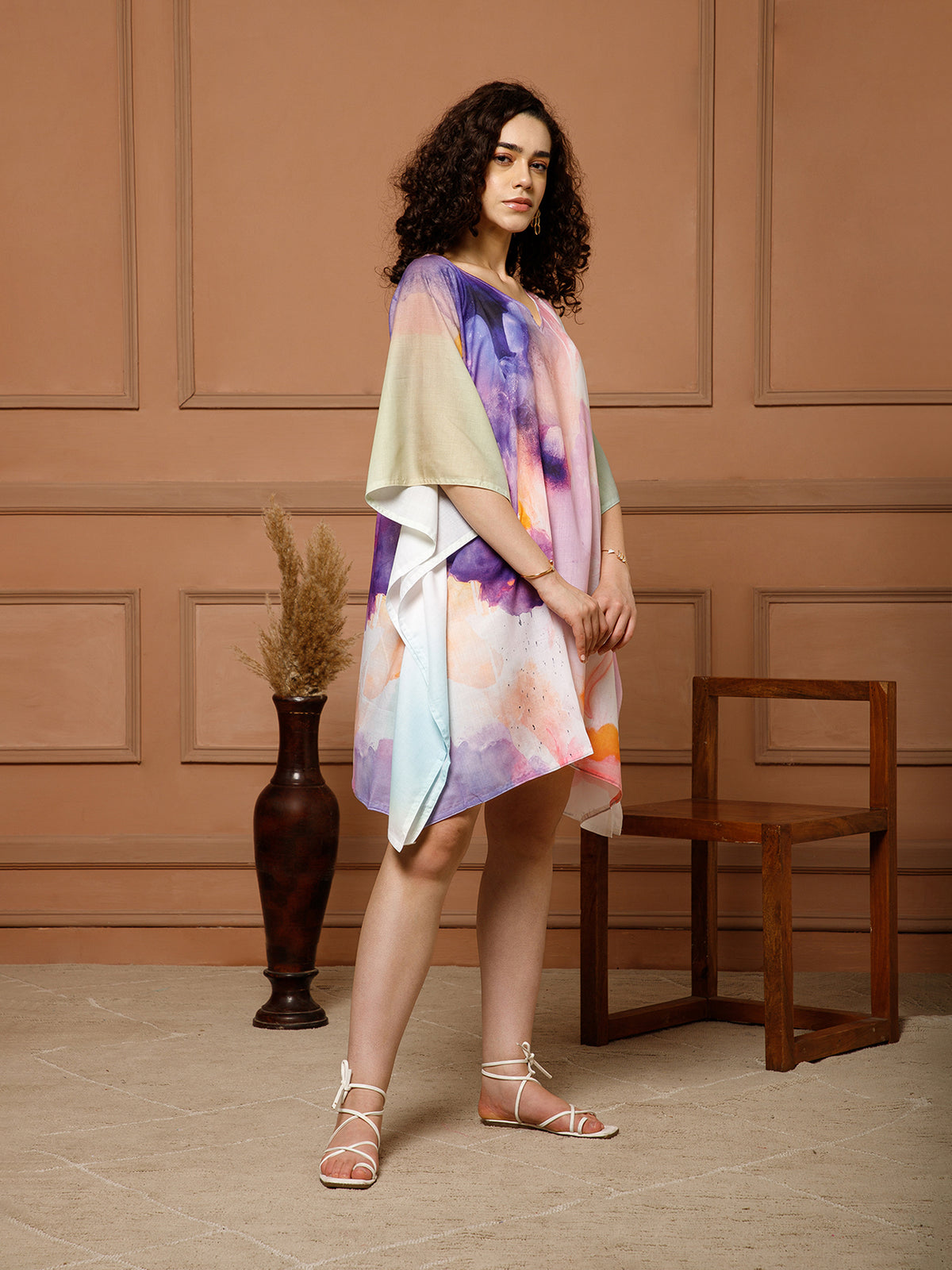 Aditi Wasan V-Neck Cotton Lavender-Purple Midi Kaftan Kurti