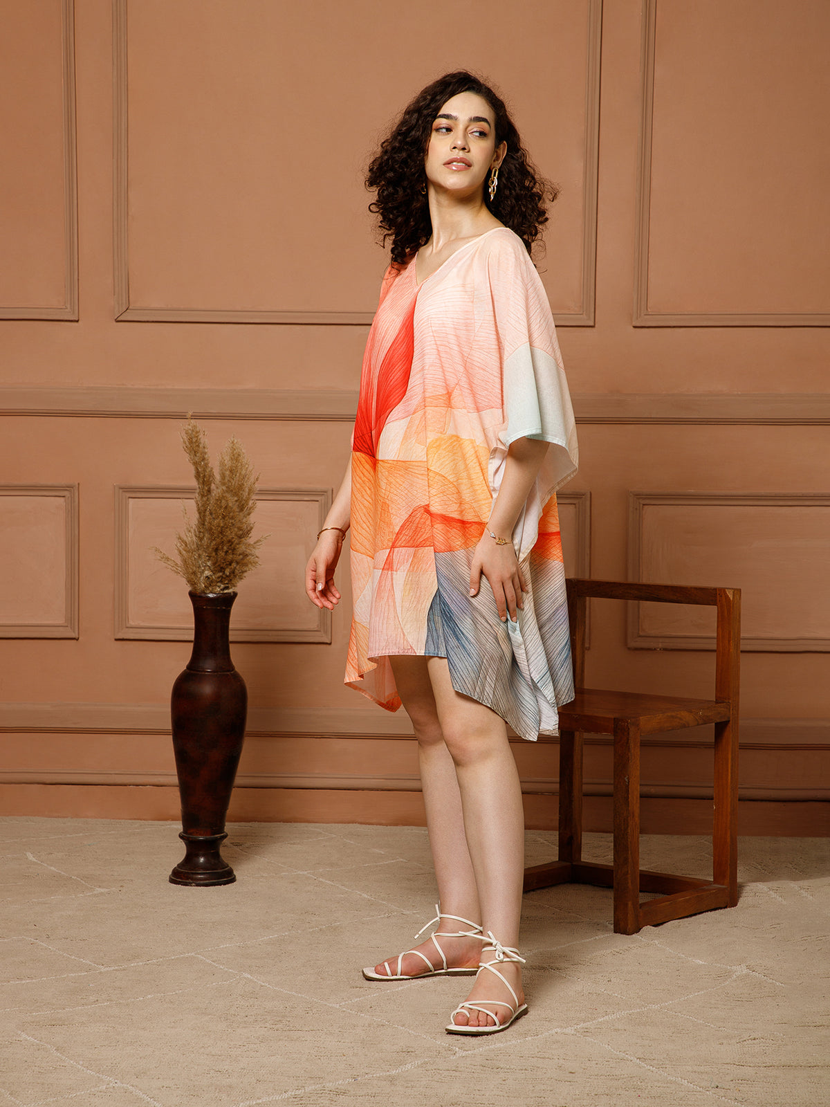 Aditi Wasan V-Neck Cotton Peach Midi Kaftan Kurti