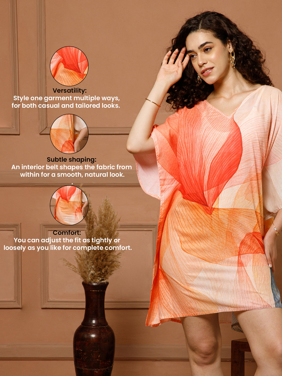 Aditi Wasan V-Neck Cotton Peach Midi Kaftan Kurti