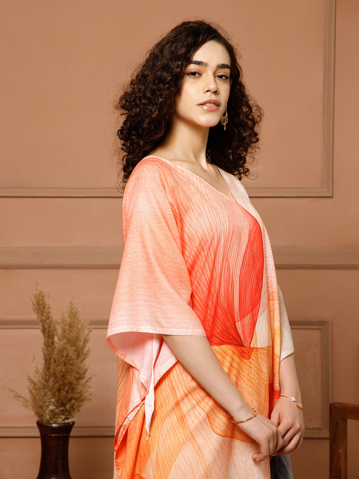 Aditi Wasan V-Neck Cotton Peach Midi Kaftan Kurti