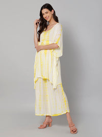 White & yellow tie and dye print viscose free size kaftan and palazzo set