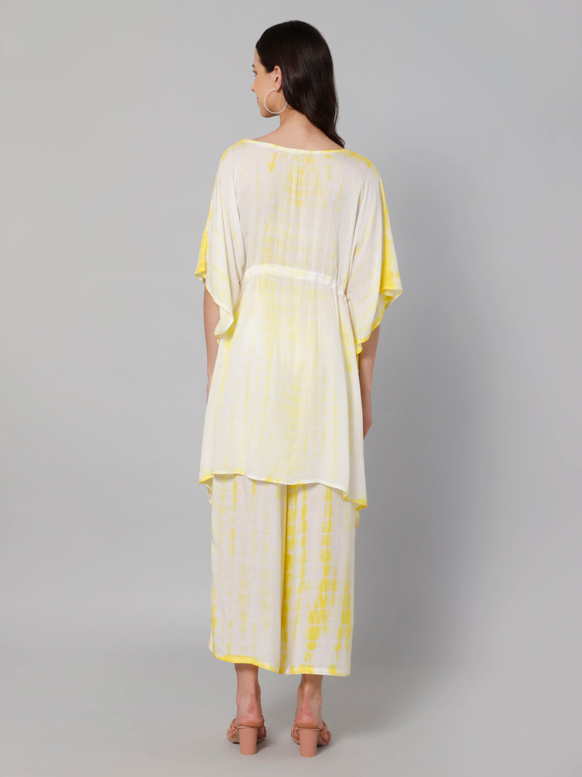 White & yellow tie and dye print viscose free size kaftan and palazzo set