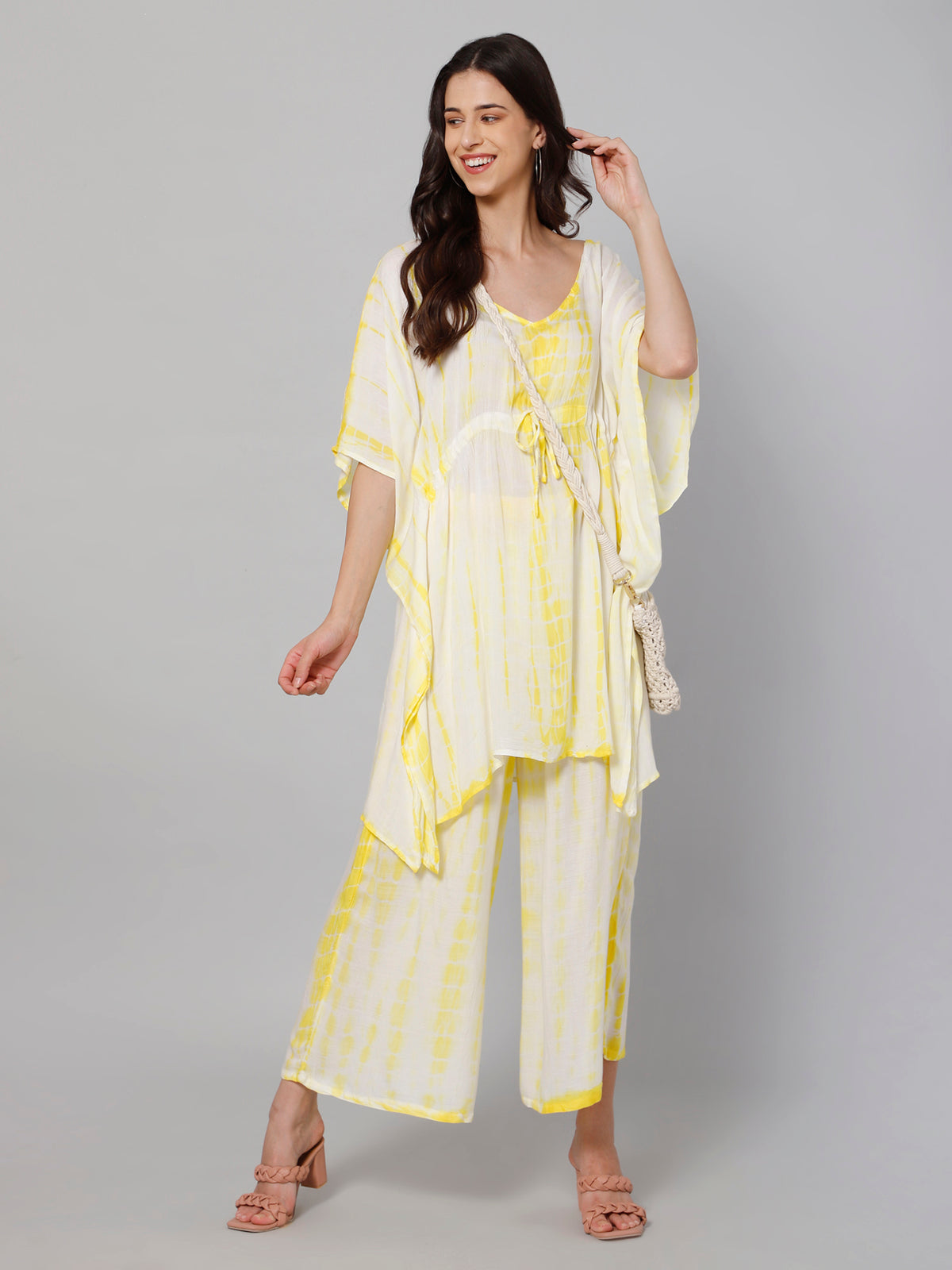 White & yellow tie and dye print viscose free size kaftan and palazzo set
