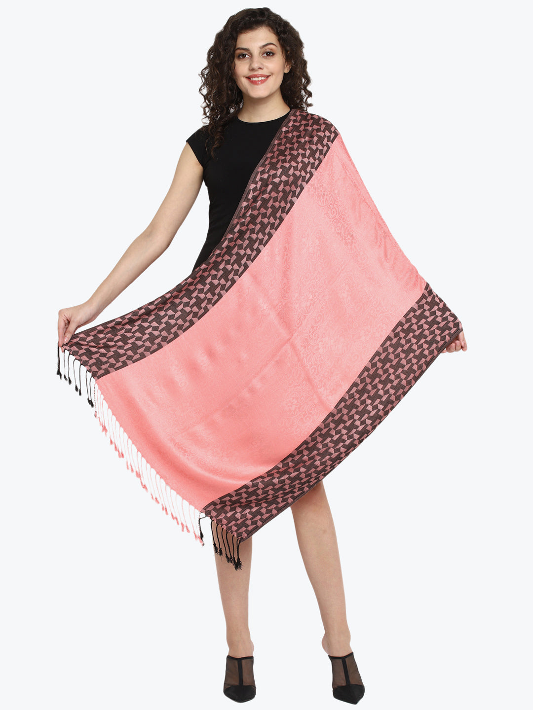 Pink and Black Jacquard Viscose Women's Stole
