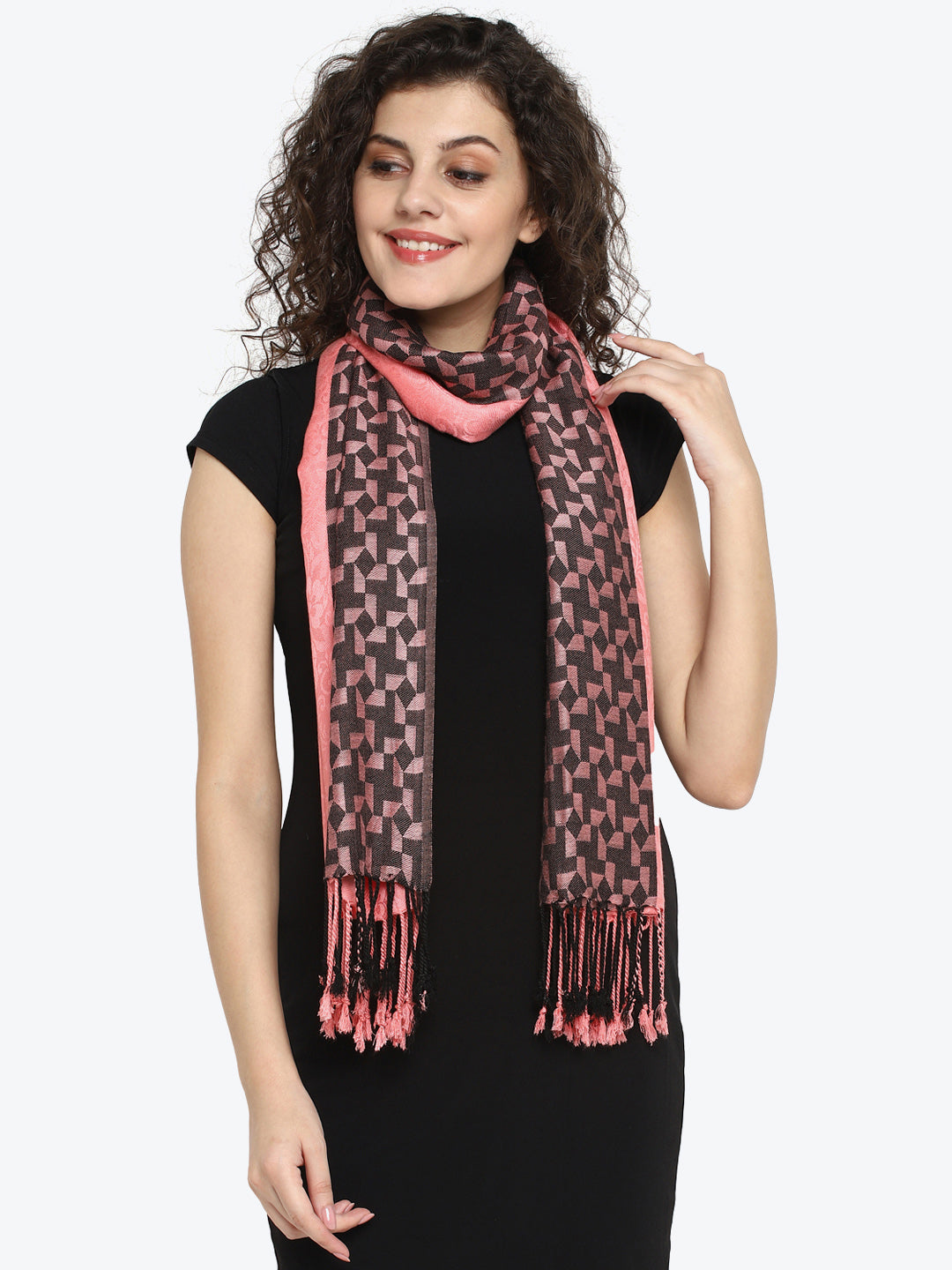 Pink and Black Jacquard Viscose Women's Stole
