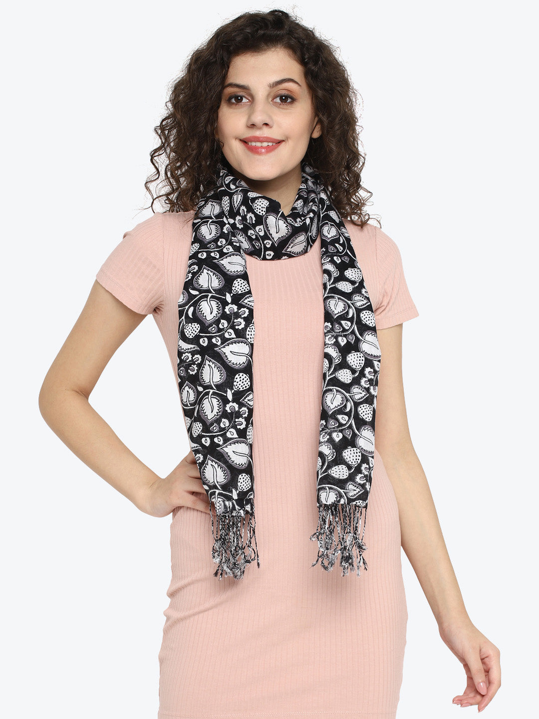 White & Black Floral Printed Women's Stole