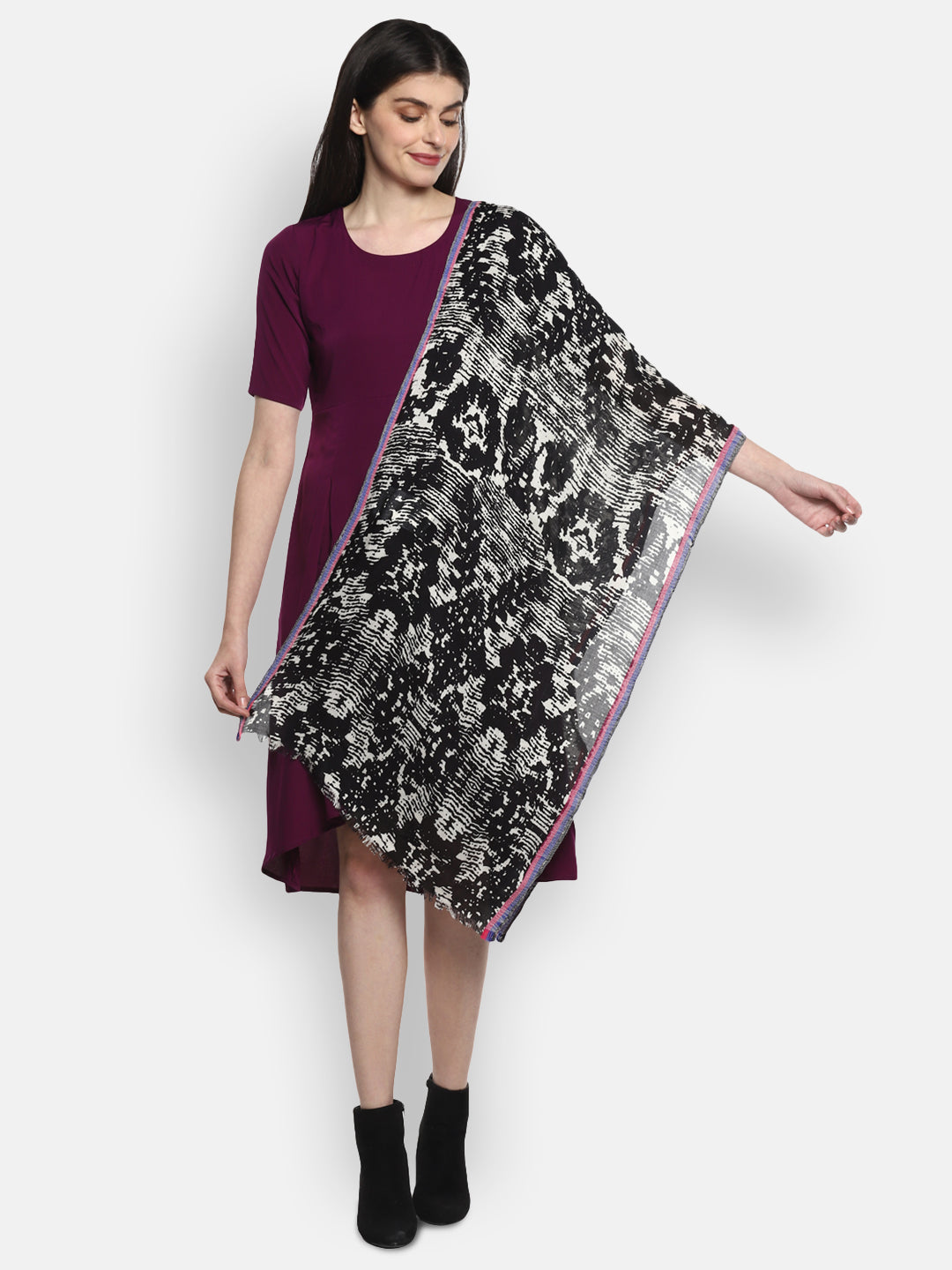 White and Black Printed Women's Stole