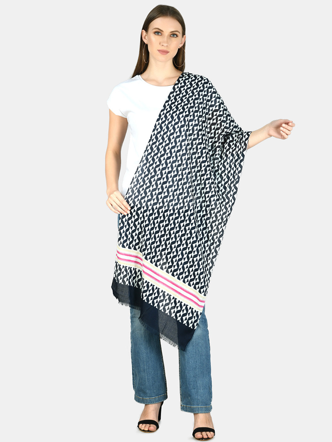 White & blue printed viscose stole