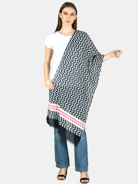 White & blue printed viscose stole