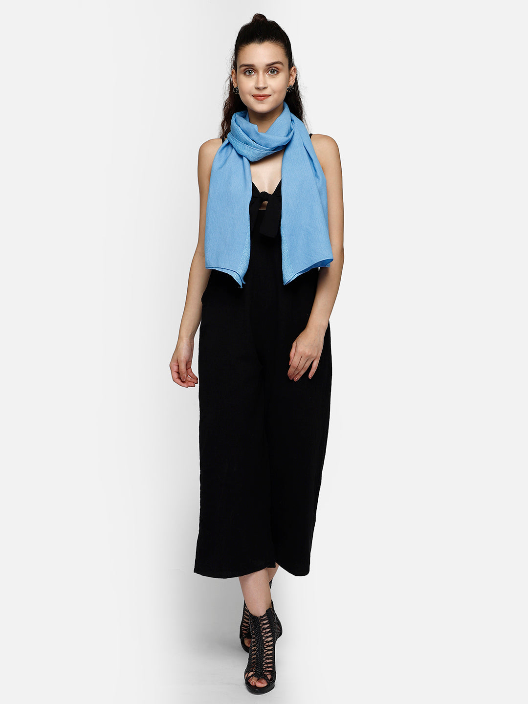 Blue viscose stole with jacquard border and hem stitched with nice-soft feel and touch