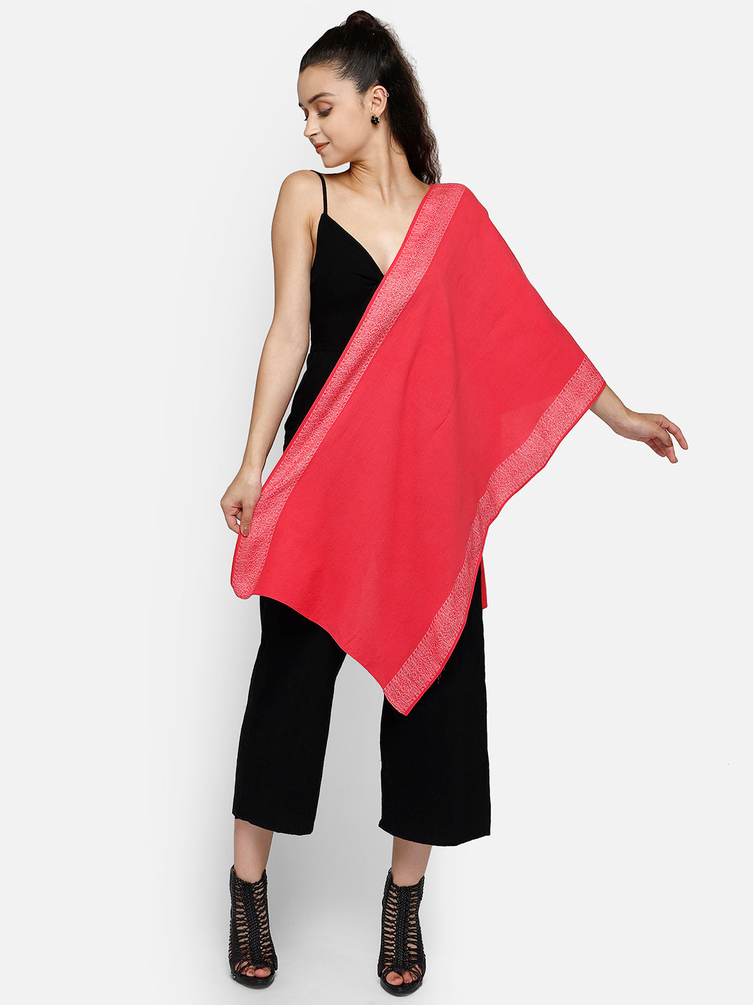 Pink viscose stole with jacquard  border and hem stitched with nice-soft feel and touch