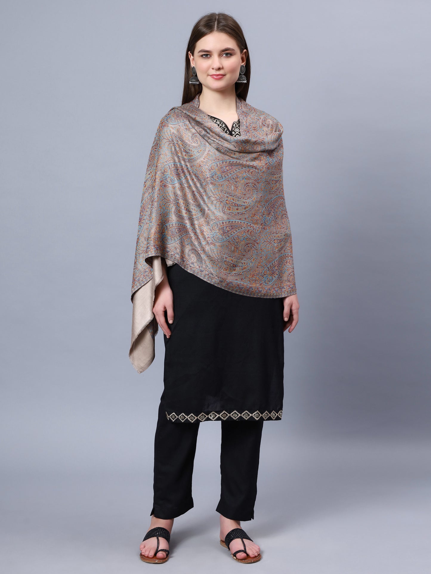 Grey viscose stole with multicolor paisley jacquard pattern stole
