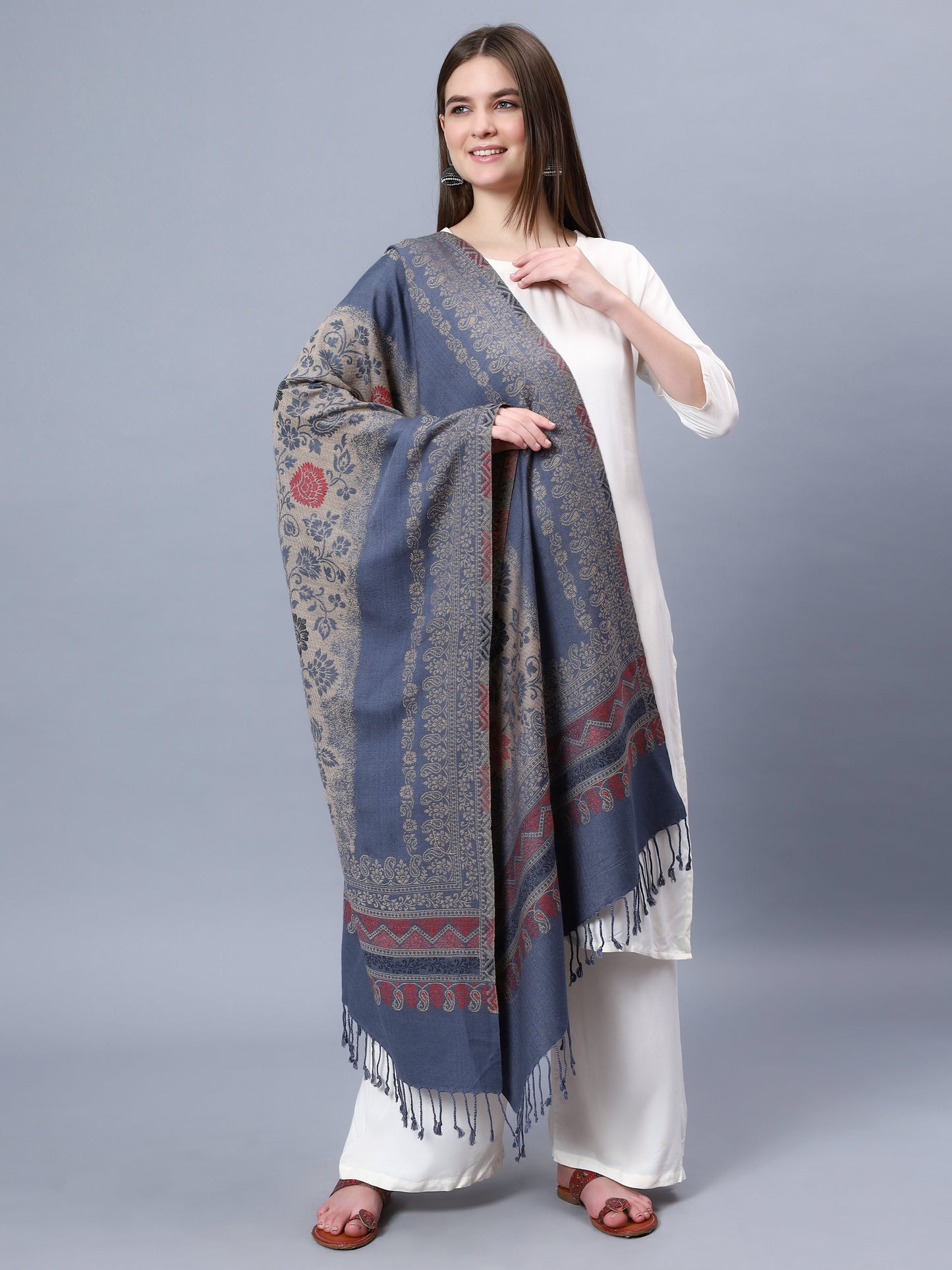 Grey viscose stole with brown and red paisely and floral jacquard pattern