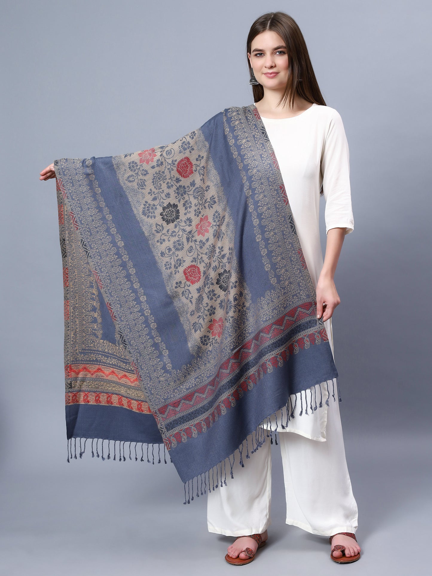 Grey viscose stole with brown and red paisely and floral jacquard pattern