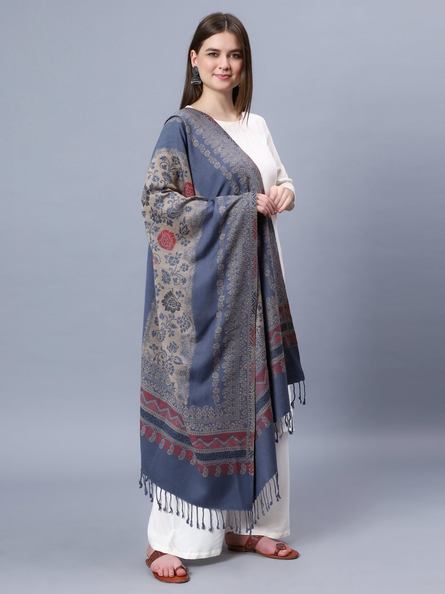 Grey viscose stole with brown and red paisely and floral jacquard pattern