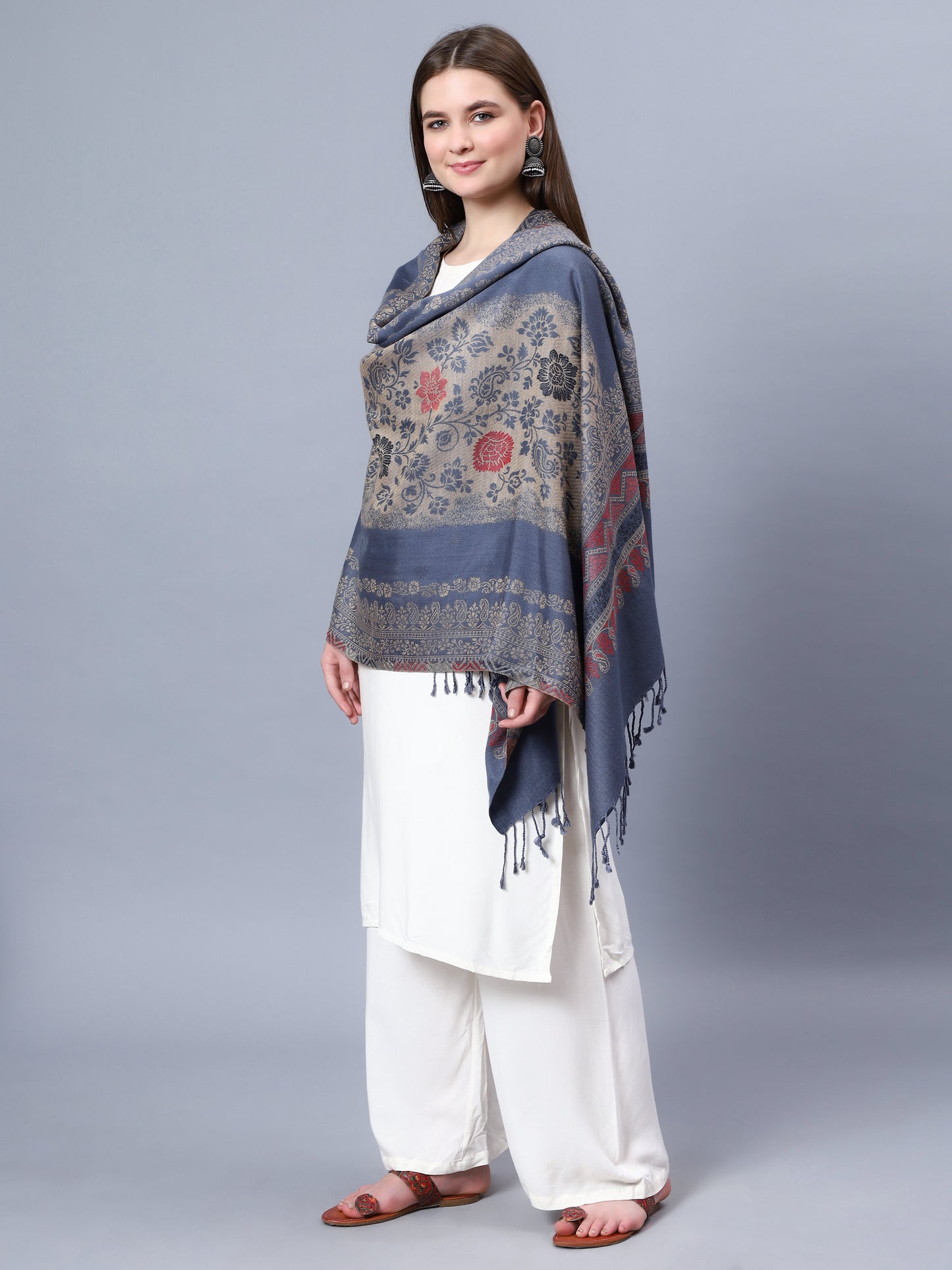 Grey viscose stole with brown and red paisely and floral jacquard pattern