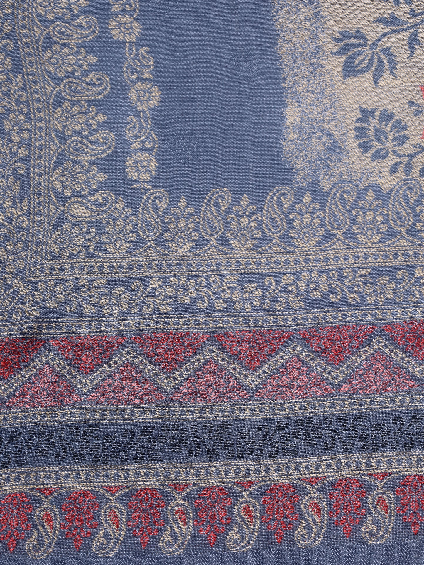 Grey viscose stole with brown and red paisely and floral jacquard pattern