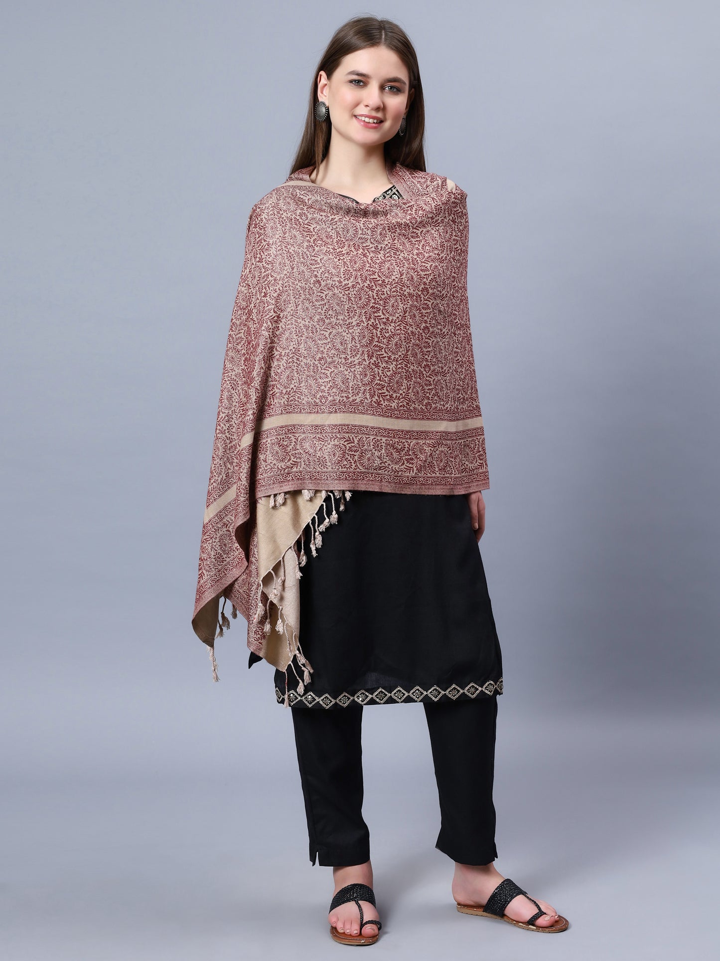 Brown viscose stole with a maroon jacquard pattern