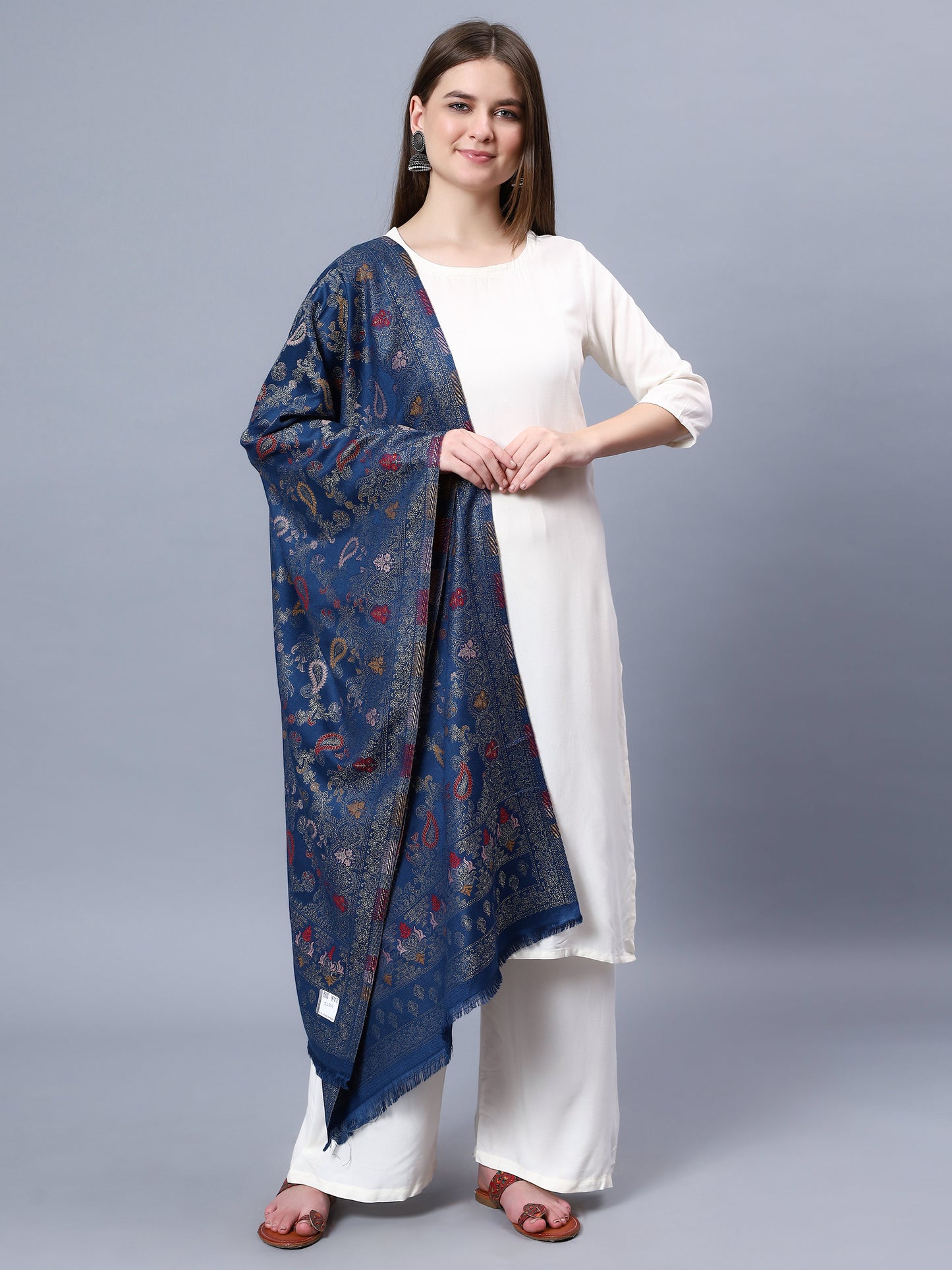 Multicolor viscose stole with paisely and floral jacquard pattern