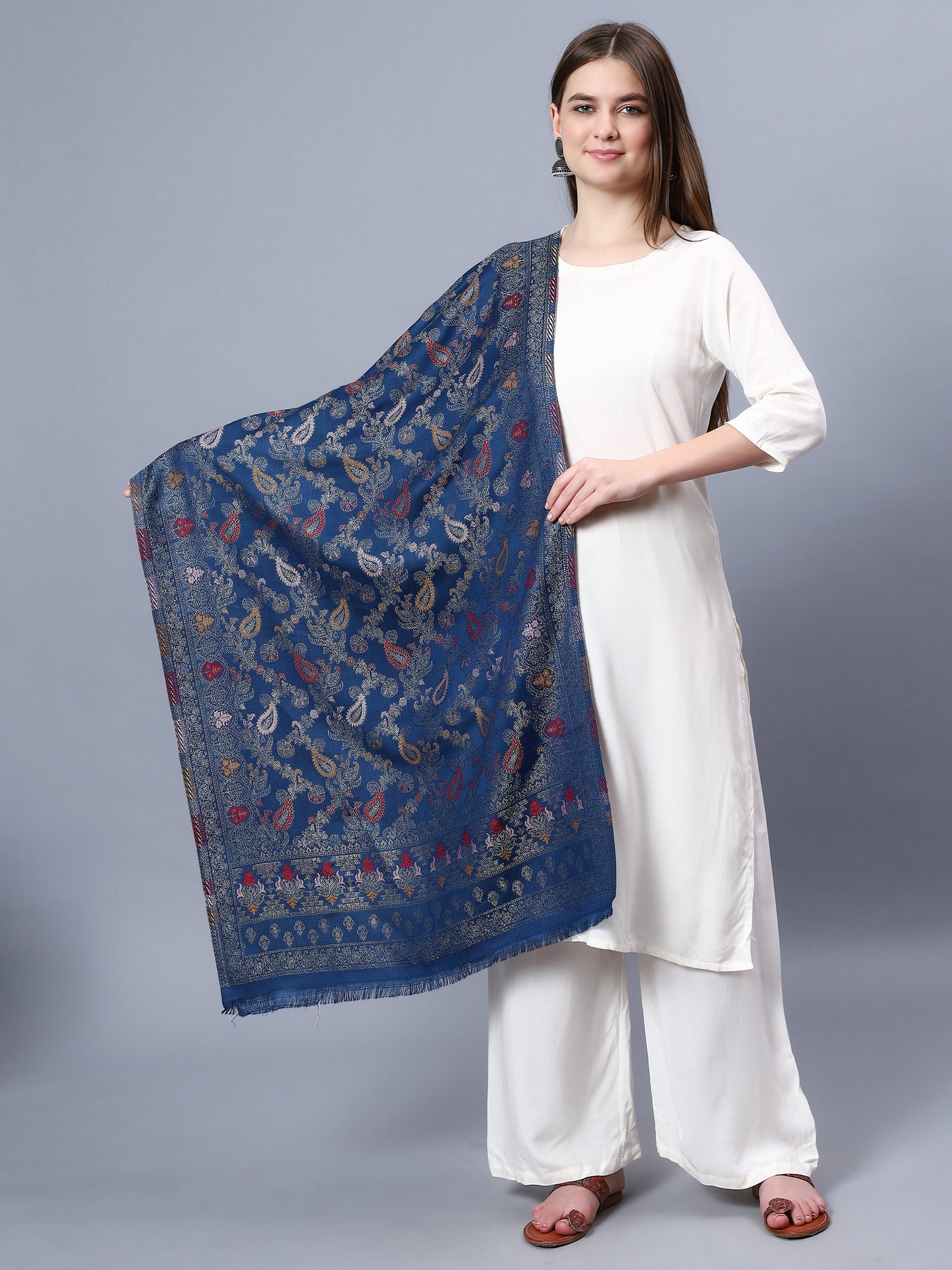 Multicolor viscose stole with paisely and floral jacquard pattern
