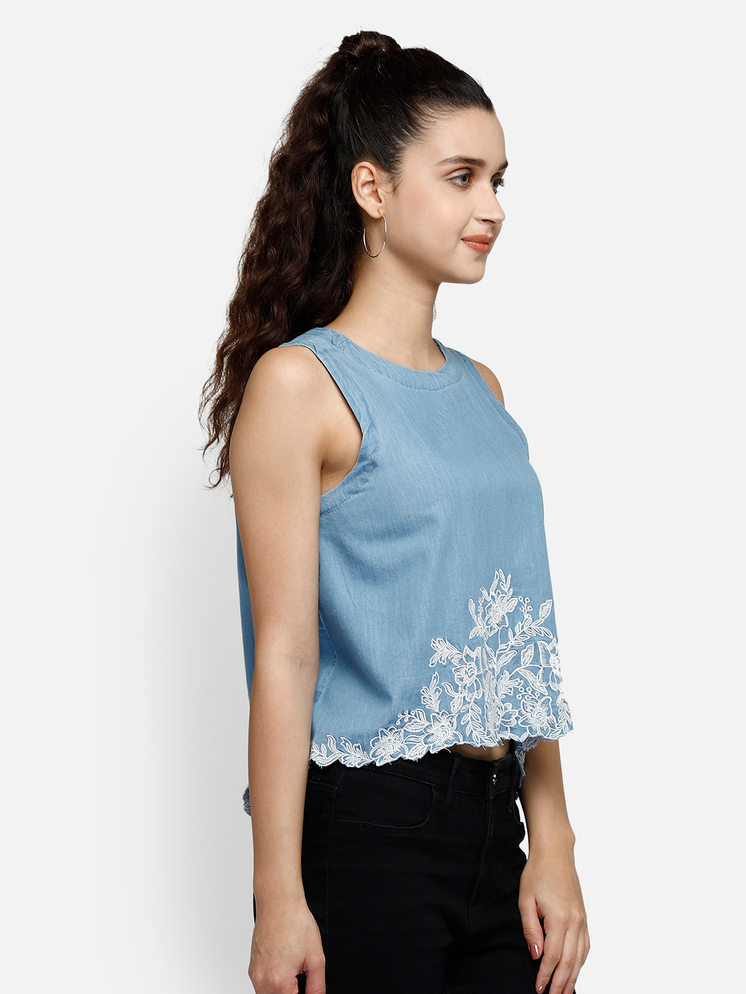 Denim blue high-low crop top