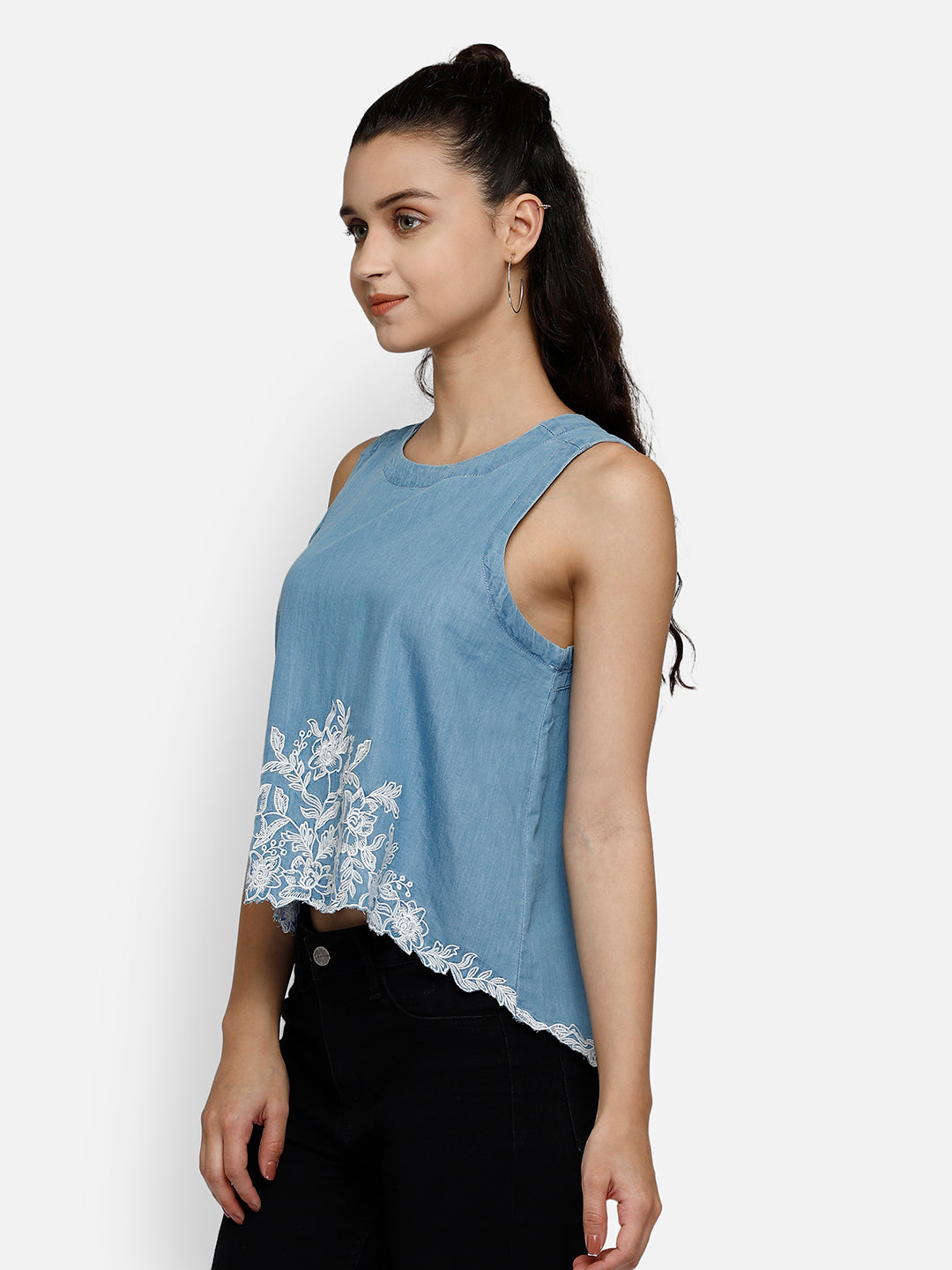 Denim blue high-low crop top