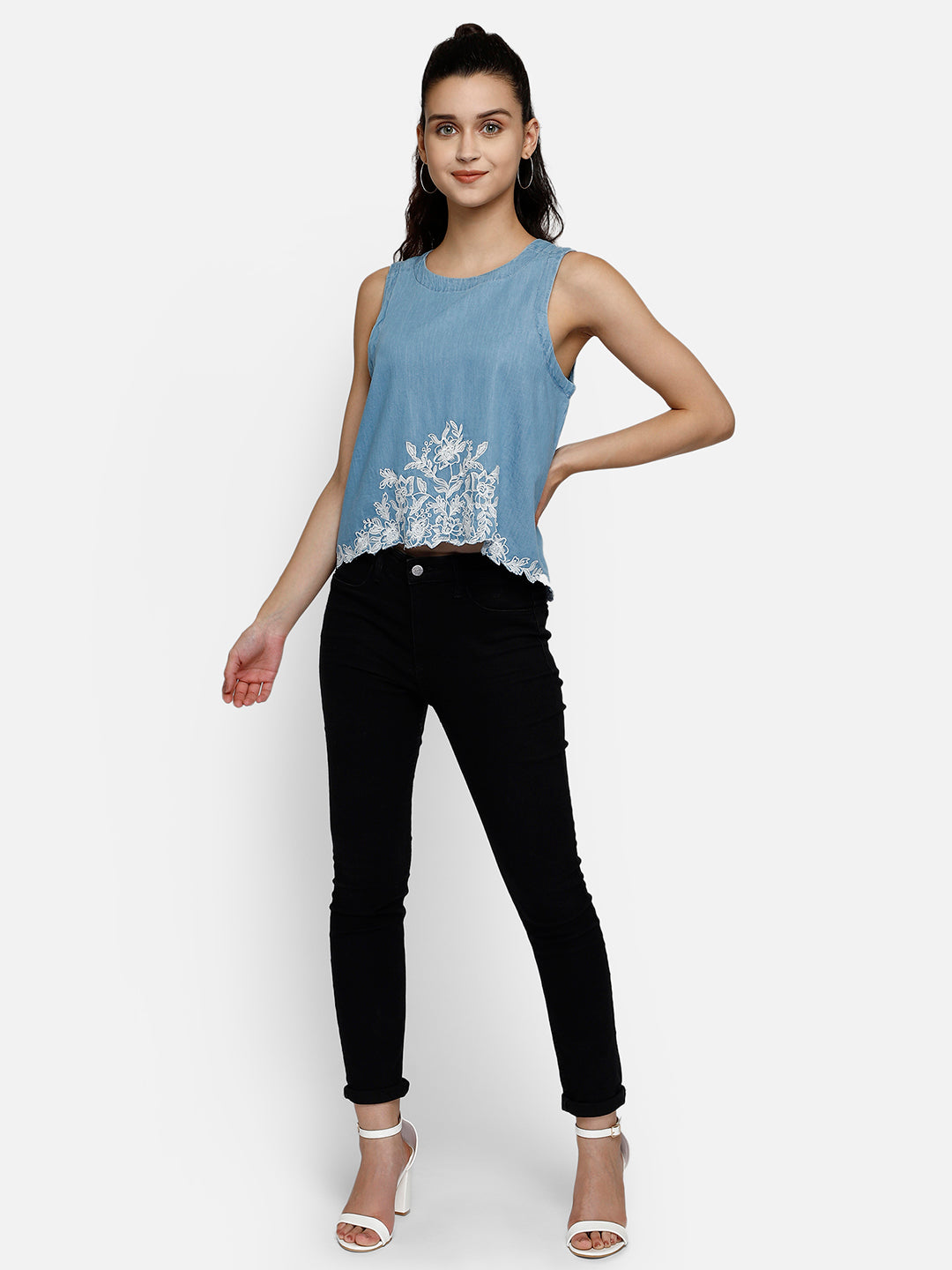 Denim blue high-low crop top