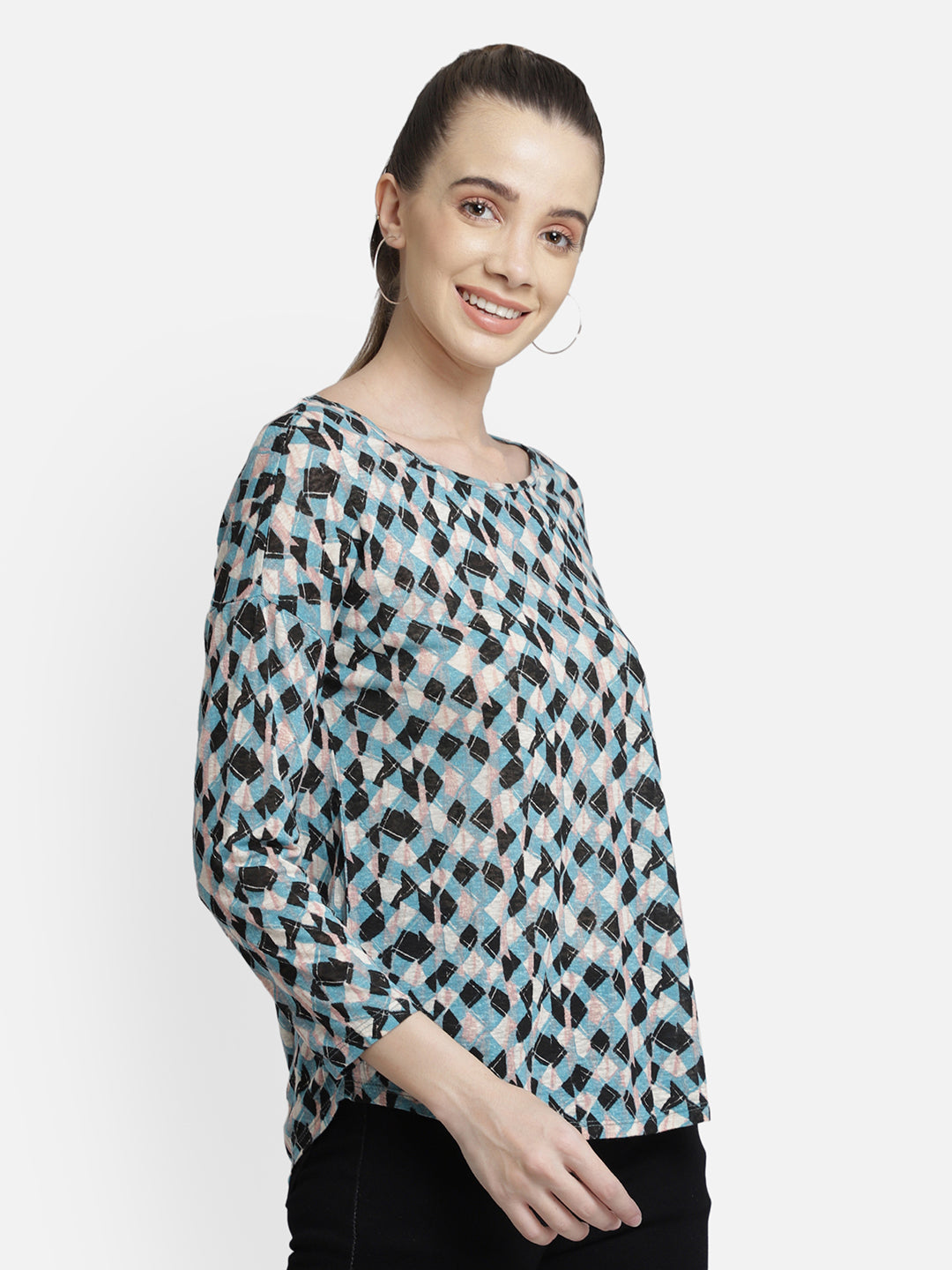 Blue Printed pleated high-low cotton knit casual top