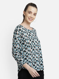 Blue Printed pleated high-low cotton knit casual top