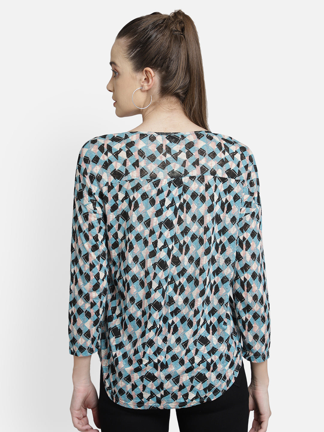 Blue Printed pleated high-low cotton knit casual top