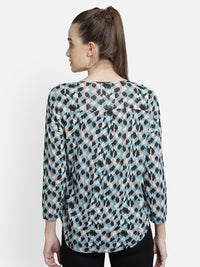 Blue Printed pleated high-low cotton knit casual top