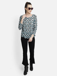 Blue Printed pleated high-low cotton knit casual top