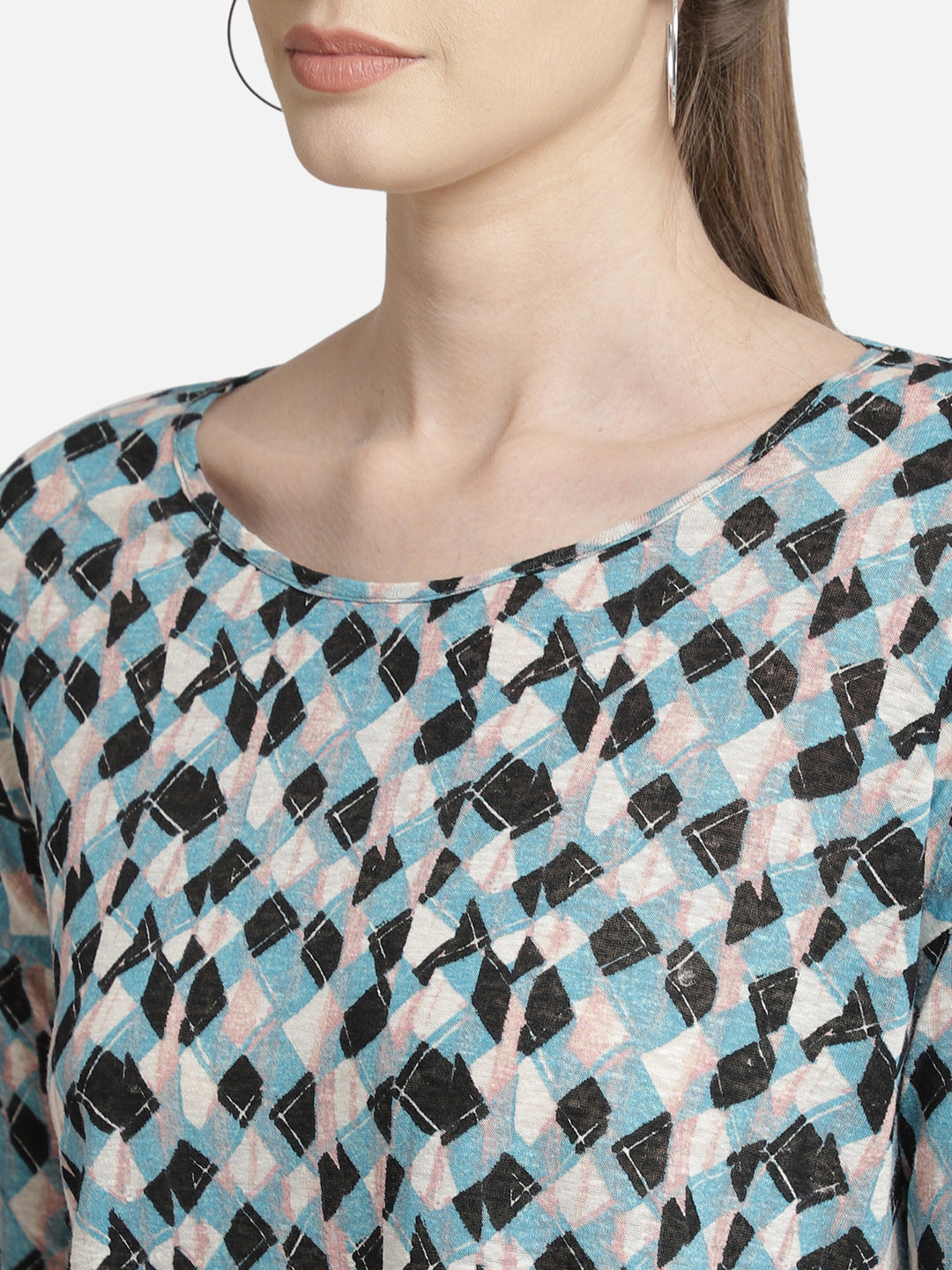 Blue Printed pleated high-low cotton knit casual top