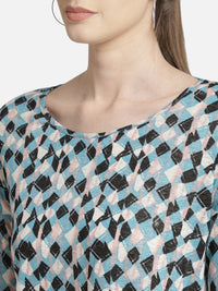 Blue Printed pleated high-low cotton knit casual top